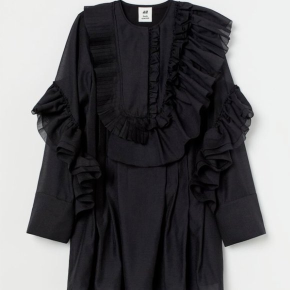 H&M STUDIO COLLECTION FLOUNCE RUFFLE WAVE  MINI COCKTAIL LITTLE BLACK DRESS - Picture 3 of 15